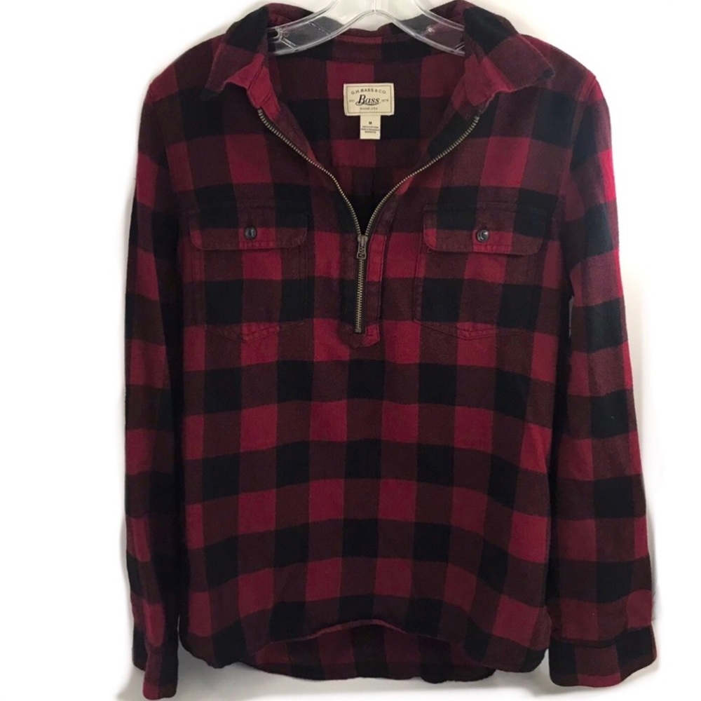 G.H. Bass & Co. Half Zip Up Red and Black Plaid Flannel Shirt